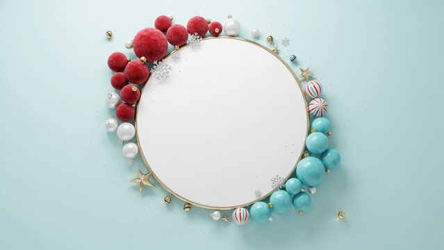 Christmas frame with red and blue ornaments and snowflakes on a light blue background
