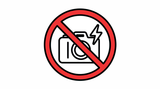 No photography allowed sign with a camera and flash icon inside a red circle.