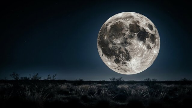 Full moon rising over a dark desert landscape at night with starry sky and silhouette of bushes in the foreground