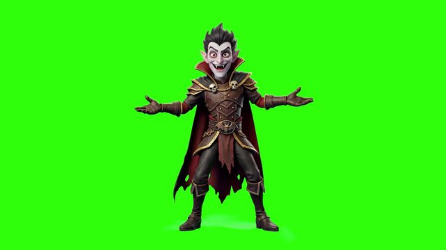 A stylish 3D vampire character in a red cape and suit performing a celebratory dance with open arms, isolated against a bright green screen background. Designed for easy keying, Halloween party intros