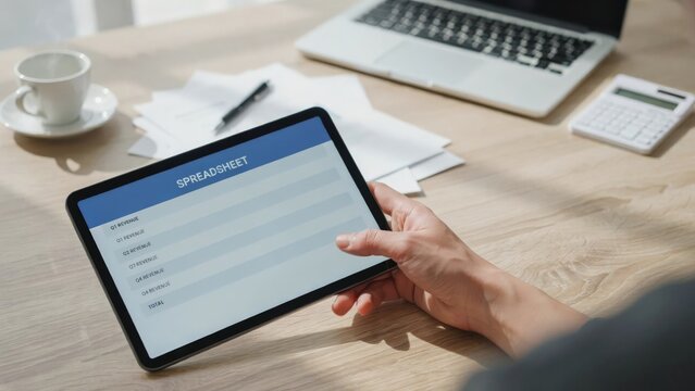 Person holding a tablet displaying a spreadsheet interface with revenue data on a wooden office desk with a laptop and calculator