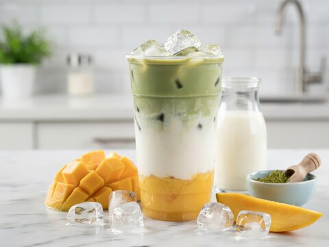 Layered iced matcha latte with mango puree in a plastic cup on a marble kitchen counter with fresh mango slices and milk