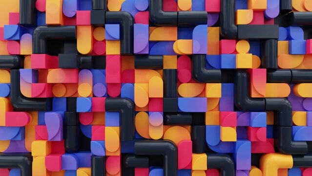 Abstract 3d background with colorful geometric shapes and dark glossy pipes, modern digital art composition