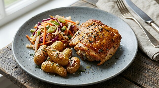 Succulent roasted poultry thigh accompanied by tangy fermented vegetables and crispy golden mini tubers  succulent roasted poultry thigh accompanied tangy fermented vegetables crispy