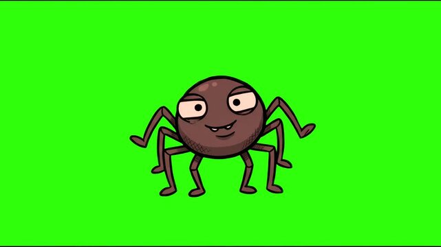 A playful 2D animated spider character with big eyes and a friendly smile performing a fun dance routine on a chroma key green background. Great for Halloween children's videos, educational media, nur