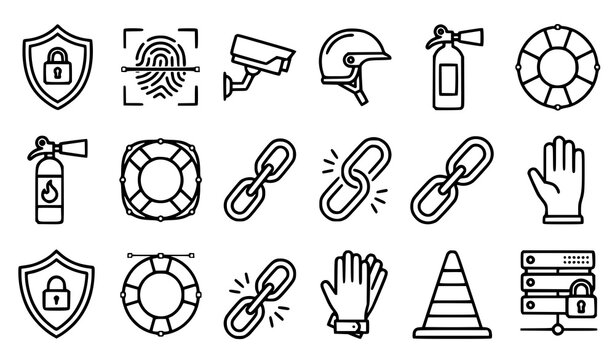 Set of security and safety vector icons including padlock fingerprint surveillance camera lifebuoy server protection symbols with padlock icon
