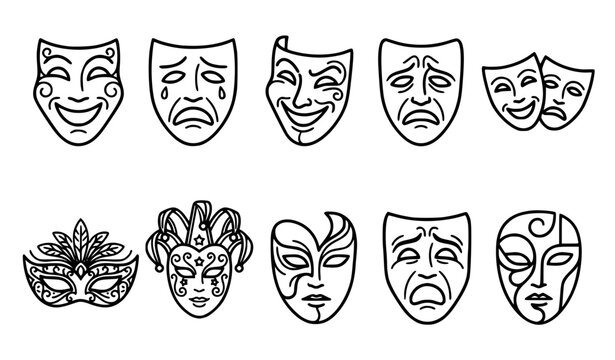 Comic Tragic Theater Mask Outline Icons &mdash; Drama Acting and Masquerade Vector Set