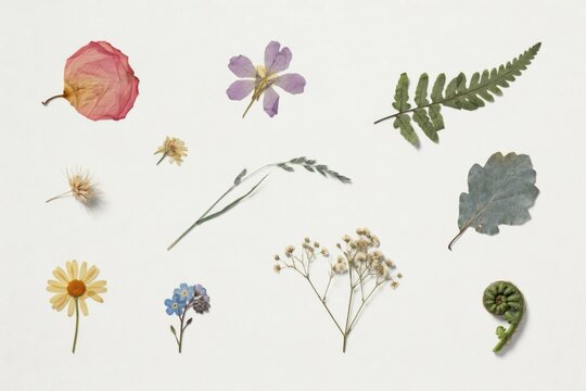 Collection of various pressed dried flowers and leaves isolated on white background