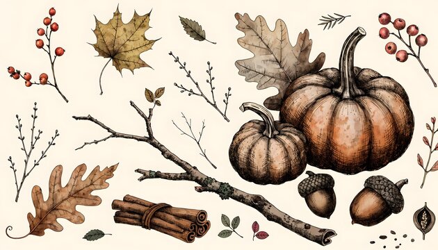Harvest pumpkins and autumn leaves flat lay. Thanksgiving holiday celebration and seasonal decor. Pumpkins, acorns, and dry foliage on a light surface