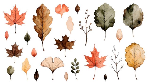 Collection of watercolor autumn leaves and botanical elements. Fall seasonal design and nature clip art. Assorted colorful leaves on a white background