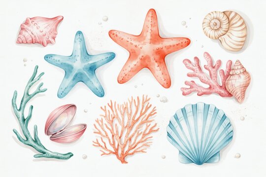 Watercolor collection of seashells, starfish, and coral reefs isolated on white background