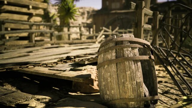 Sunlit weathered barrel on rotting dock, seaside frontier town atmosphere, cracked planks and frayed rope, distant palm and warm golden tones creating rustic