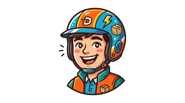 Cartoon delivery person wearing colorful helmet smiling.