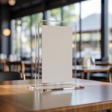 Clear acrylic table menu stand mockup on a wooden restaurant table with blurred interior background