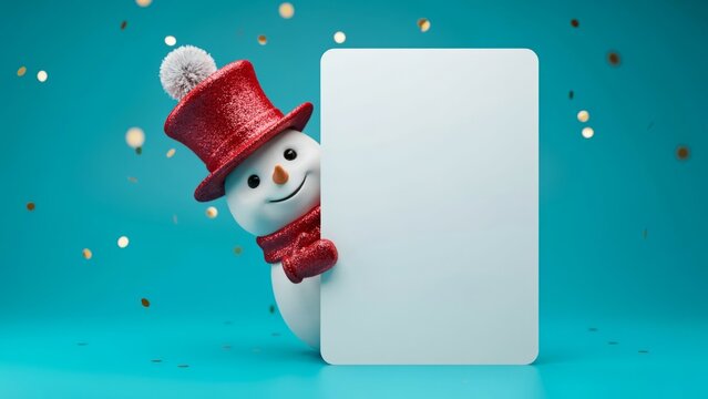 Cute 3d snowman wearing a red glittery hat and scarf holding a blank white sign against a festive teal background with confetti