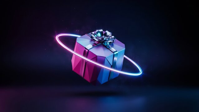 3d render of a futuristic low poly gift box floating with a glowing neon ring against a dark background