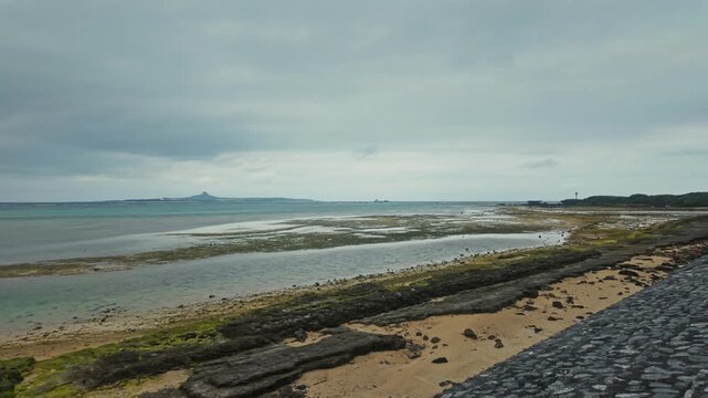 Shallow Rocky Gaps Exposed During Low Tide At Cape Bisezaki In Motobu, Okinawa, Japan. Wide Shot