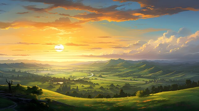Vibrant landscape illustration of rolling green hills at golden sunset.