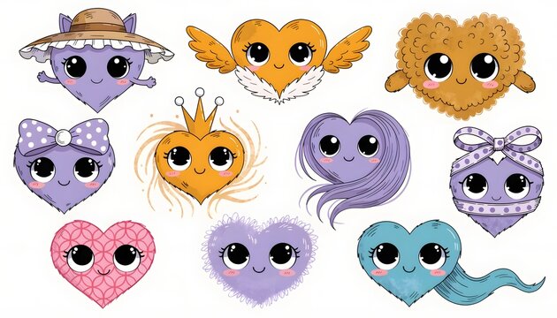 Cute kawaii heart characters with cute expressions. Valentine day love and romance concepts. Smiling heart characters with bows and hats in a collection