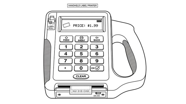 Handheld credit card payment terminal white background.