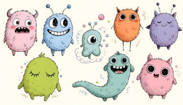 Cute colorful fuzzy monster characters set. Funny cartoon creatures for kids and design. Diverse fluffy monsters with various expressions and horns