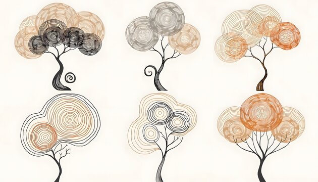Abstract modern trees with circular crown patterns. Contemporary minimalist nature and environmental concepts. Stylized graphic trees with concentric ring textures