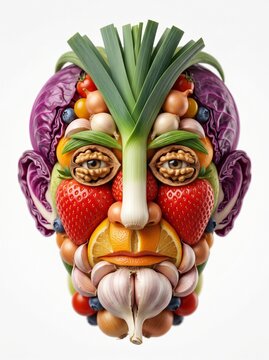 Human face made of vegetables and fruit in creative food art style.
