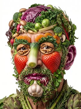 Surreal human face composed of fresh organic vegetables and fruits.