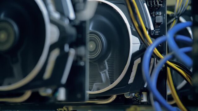 Active graphics card fan spins behind a blurred foreground card as blue data cable and yellow power wires cross the open frame GPU mining rig