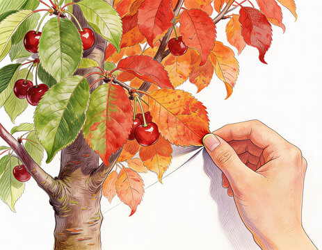 Hand drawing a tree transitioning from summer greenery to autumn colors, blending sketch lines with vibrant foliage to show seasonal change and artistic transformation.