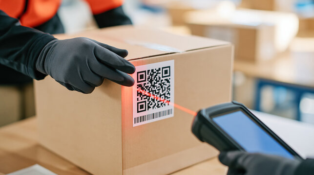 E commerce parcel scanning with barcode reader in warehouse