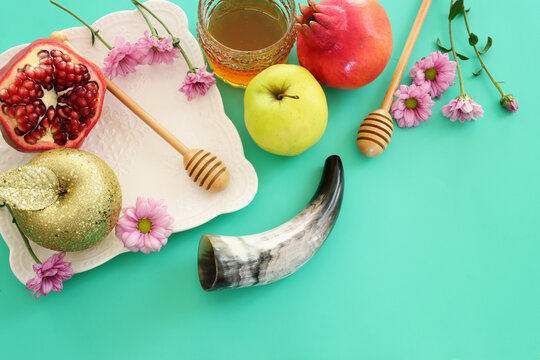 Rosh hashanah (jewish New Year holiday) concept. Traditional symbols