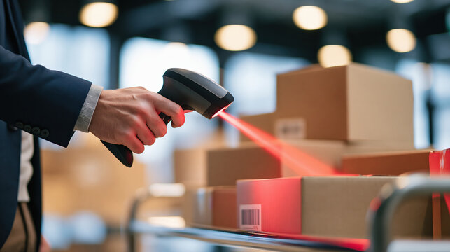 E commerce worker scanning package with barcode reader in warehouse