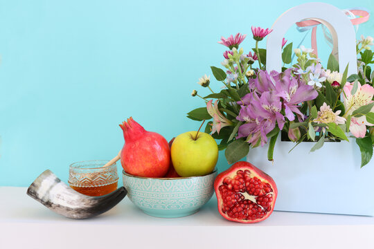 Rosh hashanah (jewish New Year holiday) concept. Traditional symbols