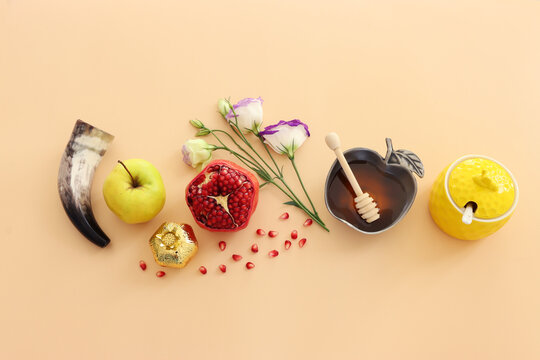 Rosh hashanah (jewish New Year holiday) concept. Traditional symbols
