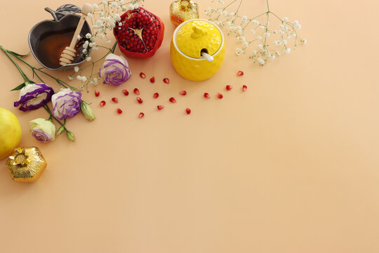 Rosh hashanah (jewish New Year holiday) concept. Traditional symbols