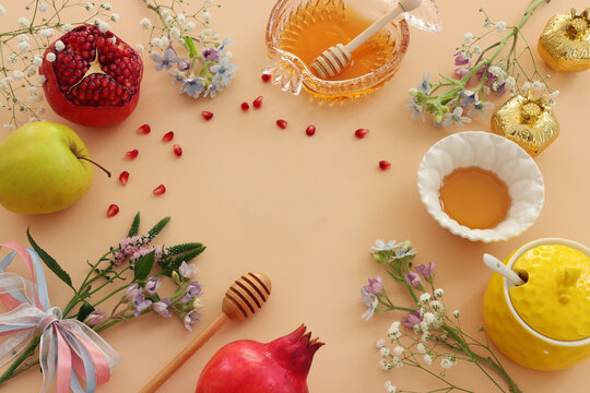 Rosh hashanah (jewish New Year holiday) concept. Traditional symbols