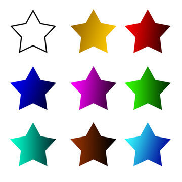 Set of nine classic five-point star icons featuring a black stroke outline alongside colorful gradient variations. 