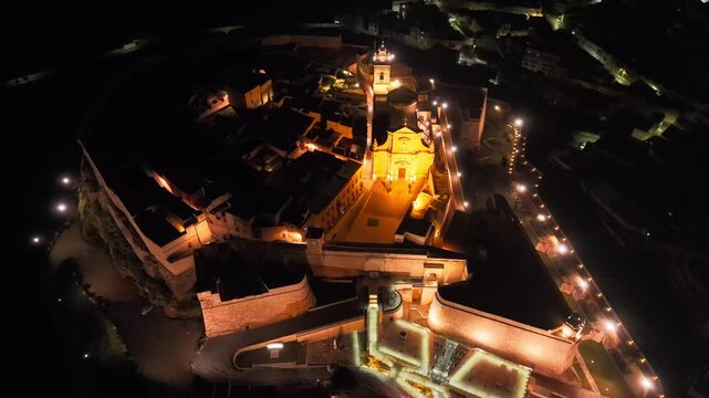 Aerial Night Establishing Gozo Cathedral Cittadella Historic Landmark Victoria Malta, City Cityscape