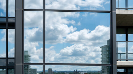 Naklejka premium A large glass window of a modern apartment building reflecting white fluffy clouds and blue sky