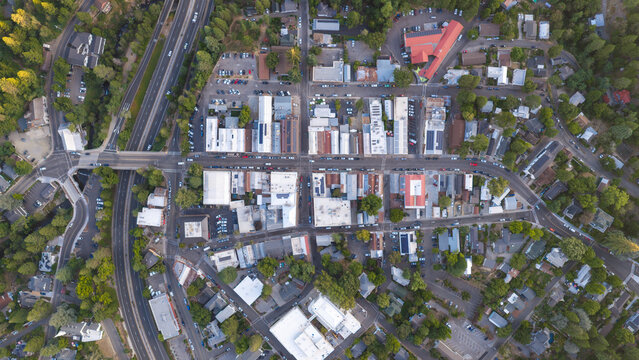 Aerial View Of Nevada City Downtown District And Highway 49