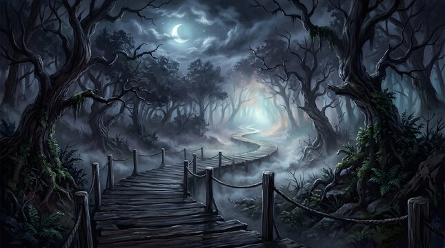 A hauntingly beautiful halloween night scene featuring a full moon illuminating a spooky graveyard and dark forest
