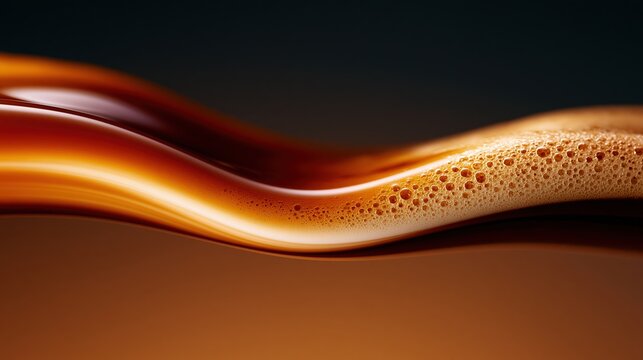 Espresso and milk merging in smooth wave on cocoa charcoal gradient backdrop