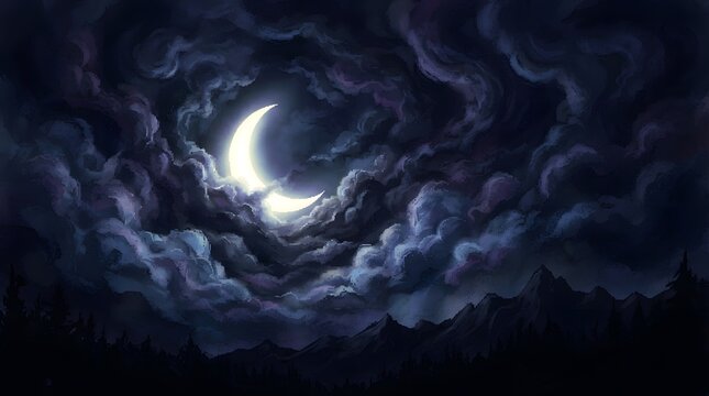 A spooky and dramatic halloween night scene featuring a crescent moon partially obscured by dark swirling clouds