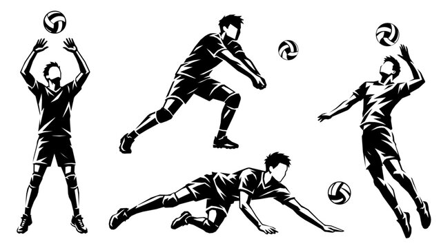 Volleyball player action silhouettes in multiple poses
