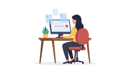 Fototapeta premium Professional woman sitting at desk using computer monitor for searching new job opportunities in this colorful modern vector graphic illustration