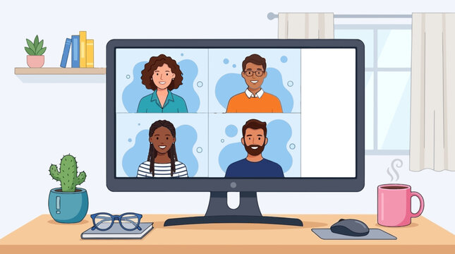 Digital meeting showing diverse professional team colleagues on computer screen vector illustration for modern remote work and virtual communication concepts