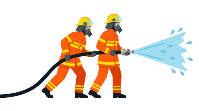 Professional firefighters in protective uniform gear spraying water from hose pipe isolated on white background as bright vector graphic illustration