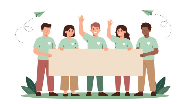 Diverse group of young volunteers holding a large blank banner for communication as a flat vector graphic design illustration project