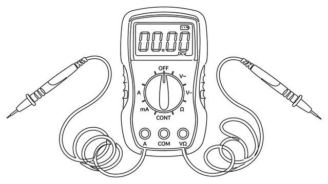 Digital multimeter with probes on white background.
